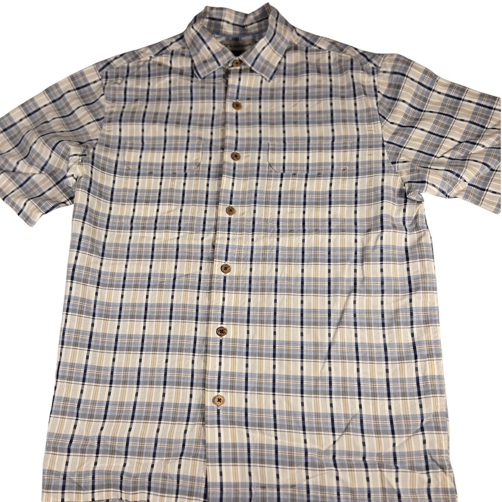 Caribbean Mens Blue Tan Plaid Short Sleeve Button Down Shirt Modal Blend Medium
